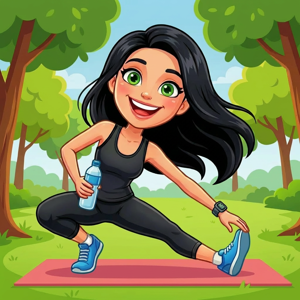 Cartoon woman stretching in a park with others exercising in the background.