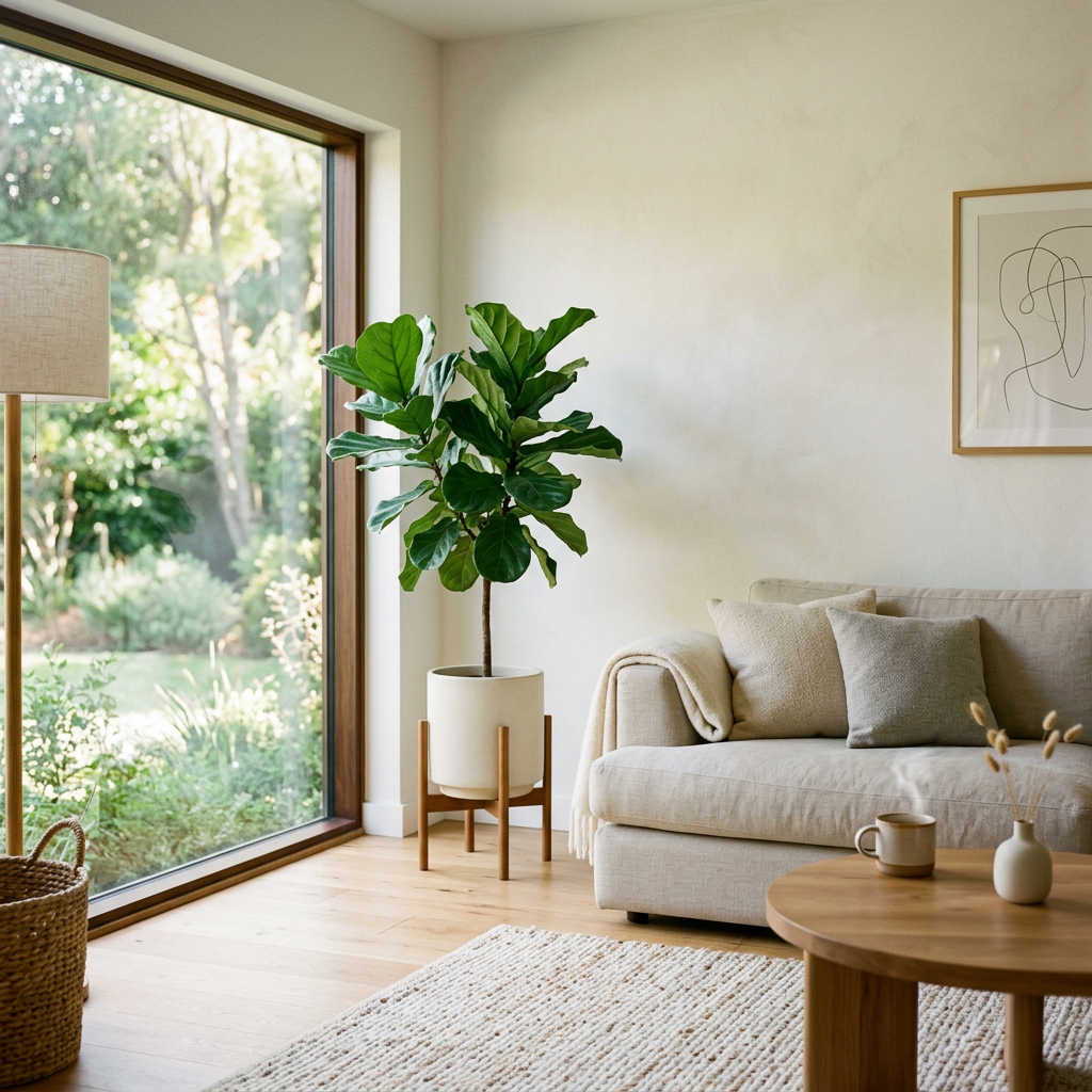 Bright living room with beige sofa, green potted plant, wooden coffee table, and large window